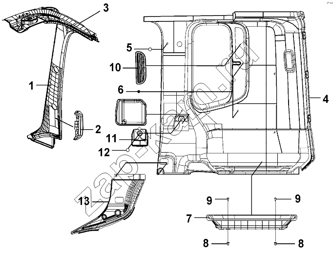 Схема/чертеж: RH Side Wall Interior Trim Group / DongFeng DFL-3251AW1