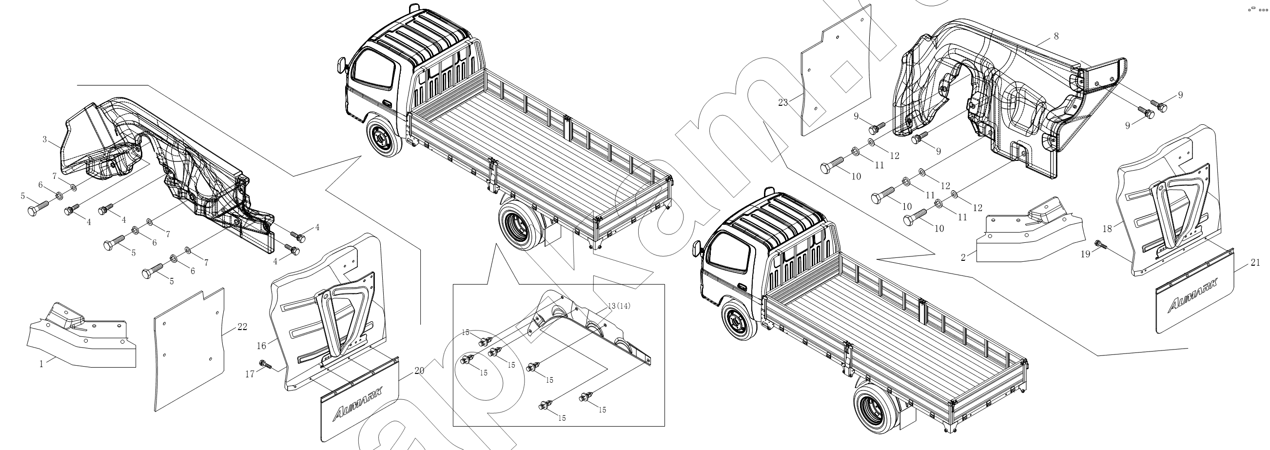 Схема/чертеж: 1SB2008430201 Брызговики кузова / Foton BJ1051, BJ1061 (Aumark)