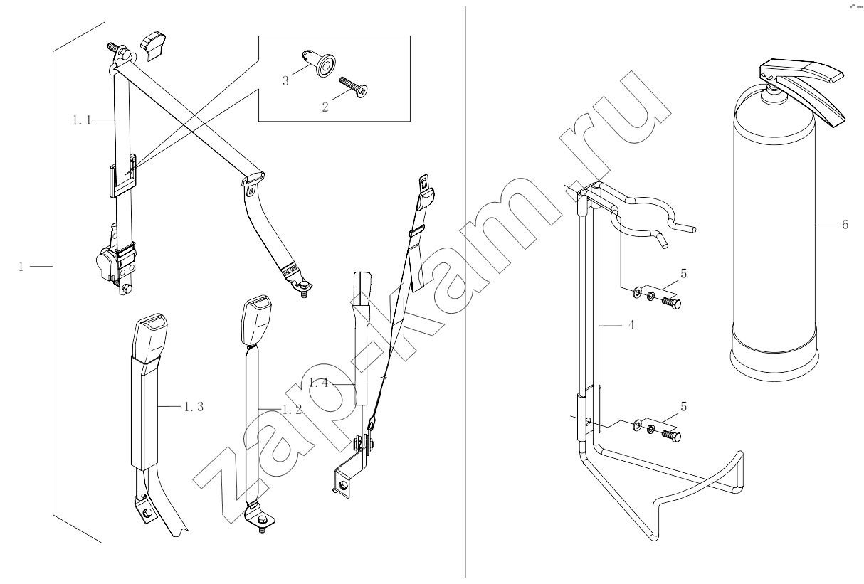 Схема/чертеж: 1SB2498220101 Seat belt, 1SB2498250101 Fire extinguisher / Foton 3253DLPJE-0RZA01