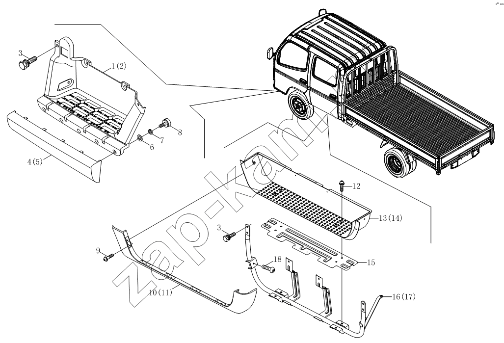 Схема/чертеж: Подножка 1SB1808450102, 1SB1808450101 / Foton BJ1039, BJ1049 (Aumark III)