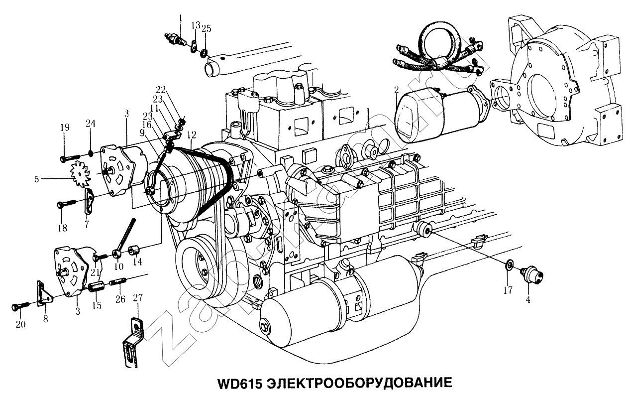 Схема/чертеж: Электрооборудование двигателя WD615 / HOWO Howo