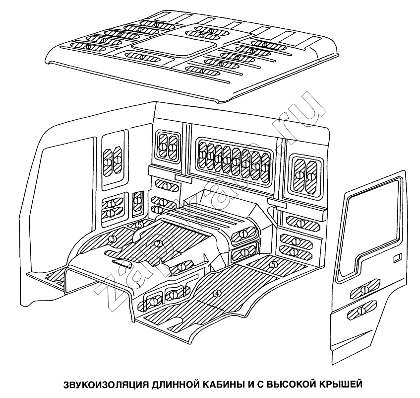 Схема/чертеж: Звукоизоляция длинной кабины и с высокой крышей / HOWO Howo