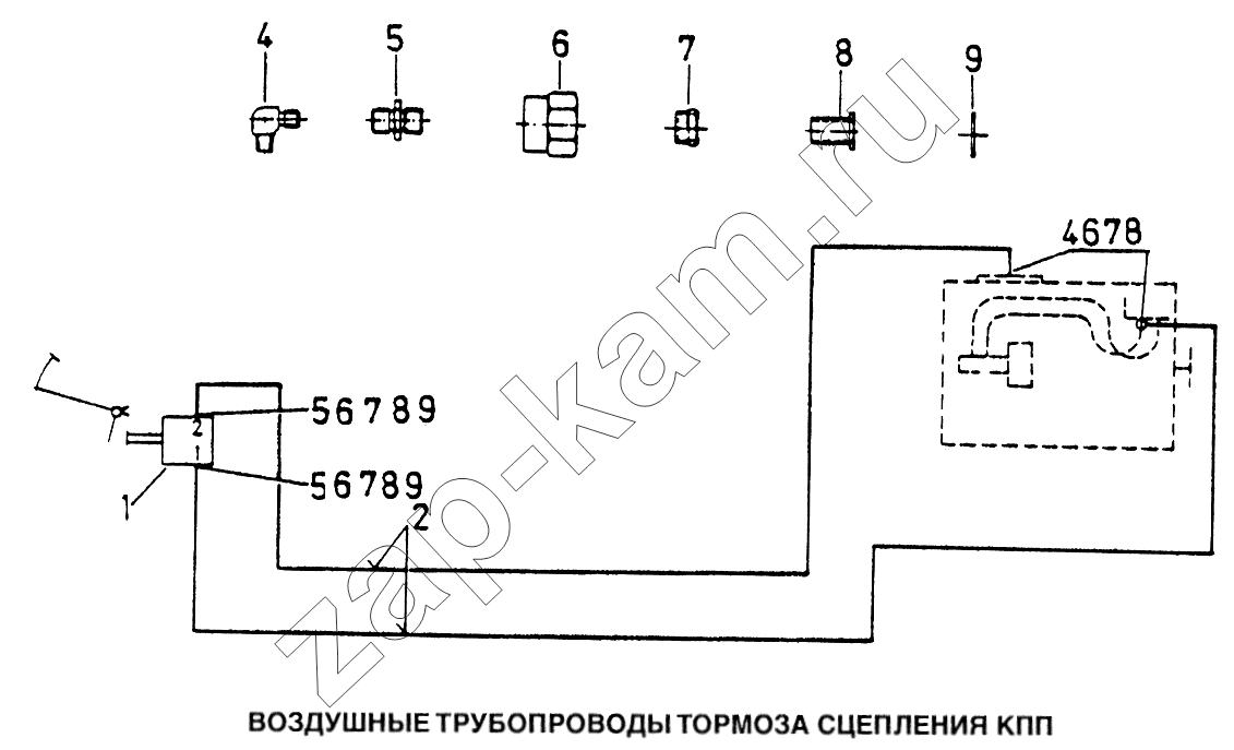 Схема/чертеж: Воздушные трубопроводы тормоза сцепления КПП / HOWO Howo