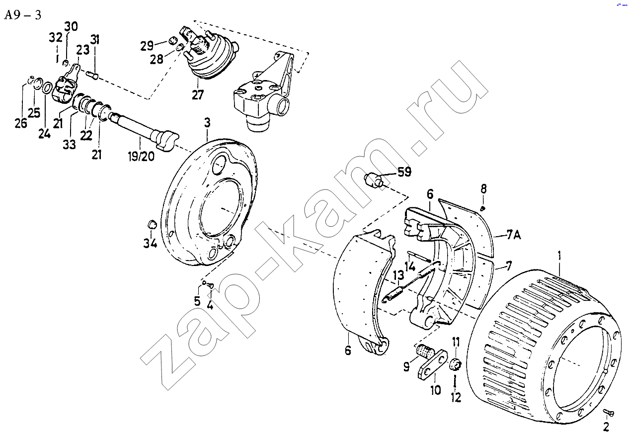 Схема/чертеж: FRONT WHEEL BRAKE (A9-3) / HOWO Sinotruck (полный)