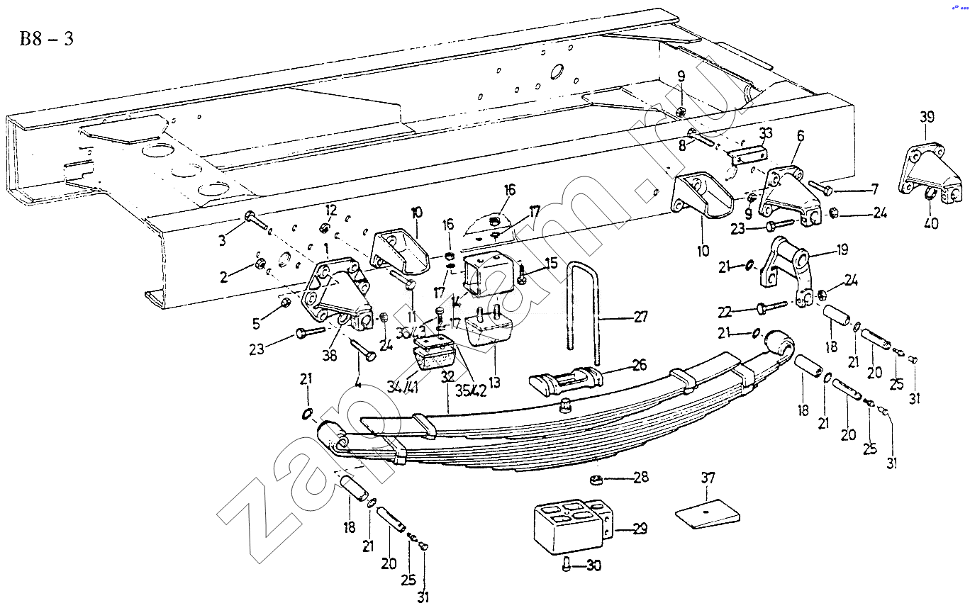 Схема/чертеж: 4x2, 4x4 REAR SPRING (B8-3) / HOWO Sinotruck (полный)