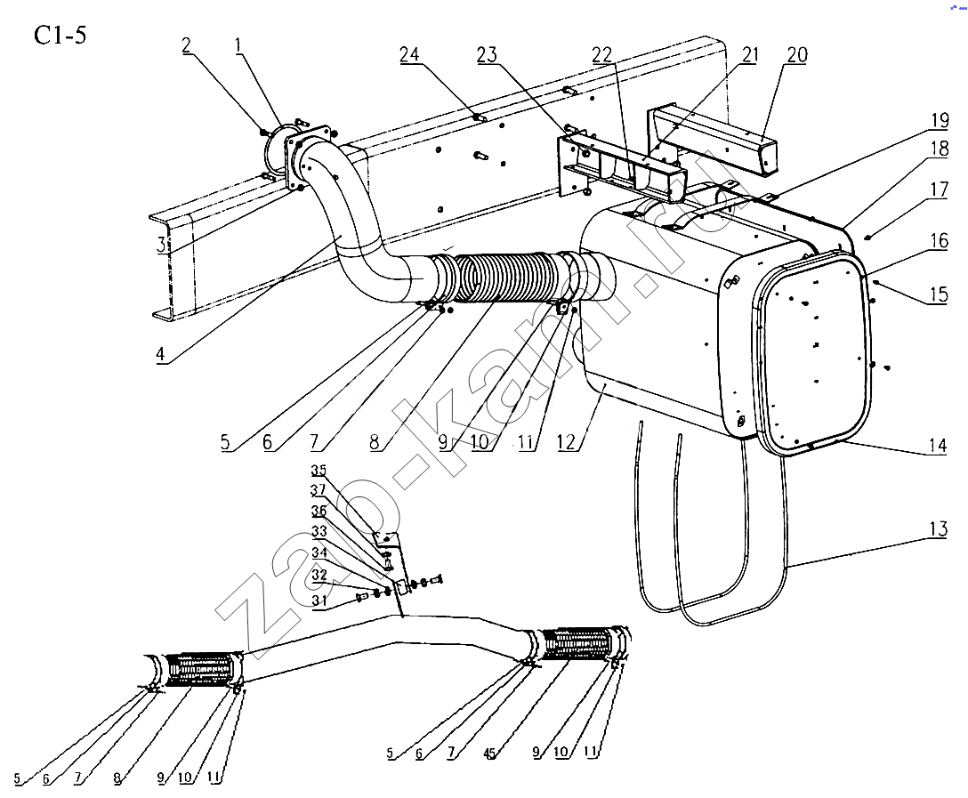 Схема/чертеж: EXHAUST PIPING (C1-5) / HOWO Sinotruck (полный)