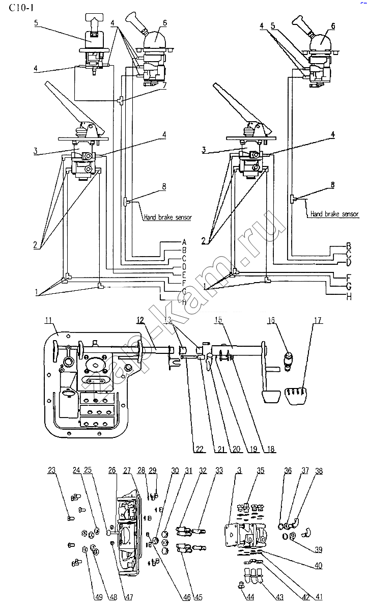 Схема/чертеж: BRAKE MECHANISM IN CAB (C10-1) / HOWO Sinotruck (полный)