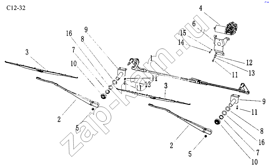 Схема/чертеж: WINDSCREEN WIPER (C12-32) / HOWO Sinotruck (полный)