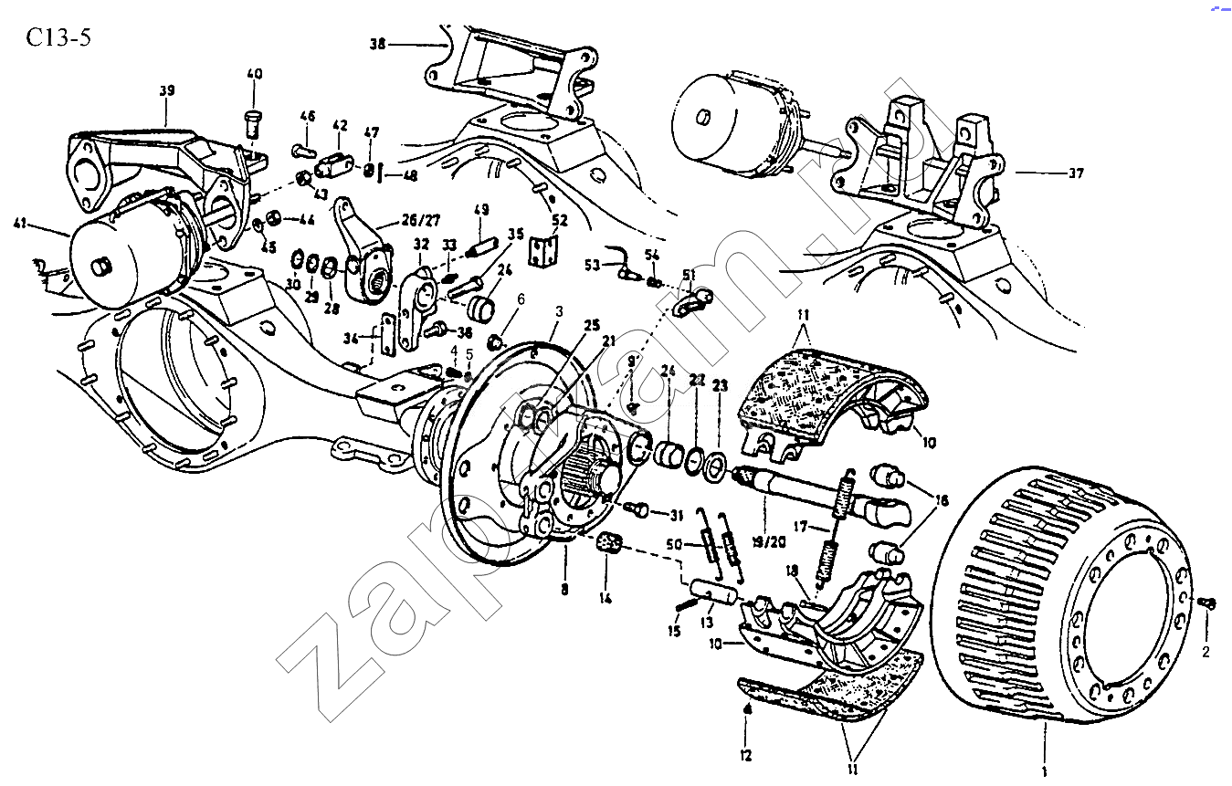Схема/чертеж: BRAKE OF TRAILING AXLE (C13-5) / HOWO Sinotruck (полный)