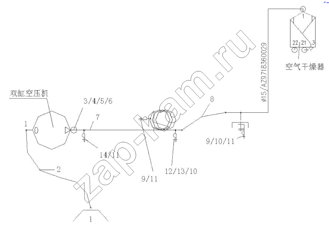 Схема/чертеж: Air pipe-compressor / HOWO ZZ3327N3647C-N2WA
