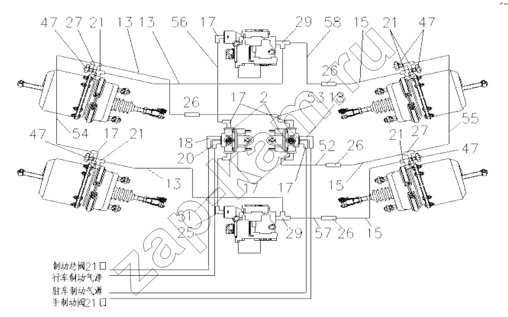 Схема/чертеж: Double brake device / HOWO ZZ3327N3647C-N2WA
