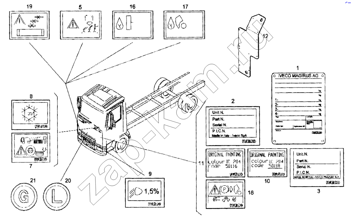 Схема/чертеж: Расположение табличек / IVECO EuroTech CURSOR