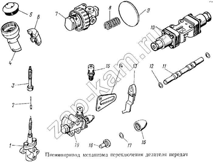 Схема/чертеж: Пневмопривод механизма переключения делителя передач / КамАЗ 5315