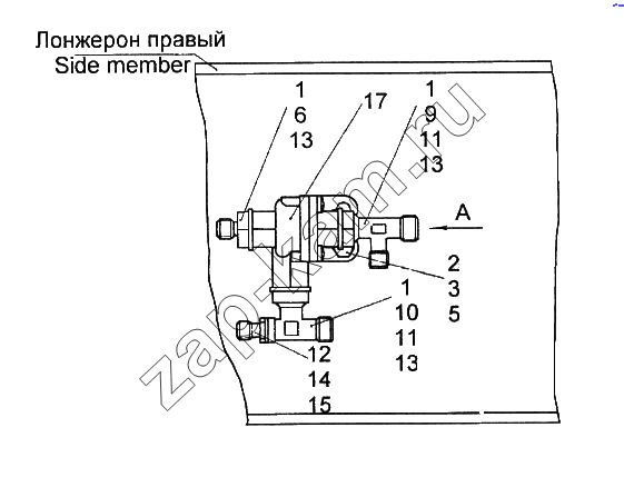 Схема/чертеж: Установка двухмагистрального клапана / КамАЗ 65116