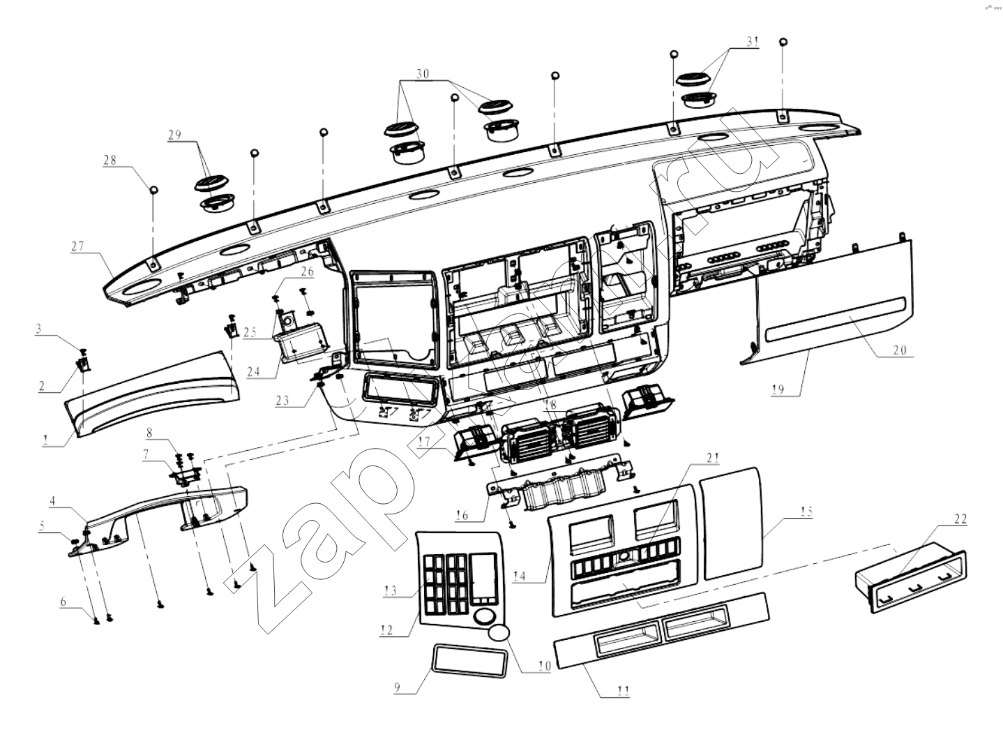 Схема/чертеж: DASHBOARD (10 INTERIOR) / Shaanxi Shacman SX3255DR385