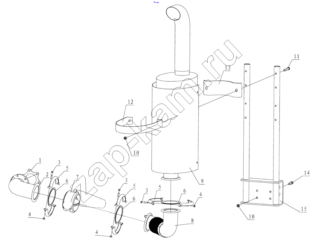 Схема/чертеж: EXHAUSTING AND MUFFLER (WP10 6X2) / Shaanxi Shacman F3000