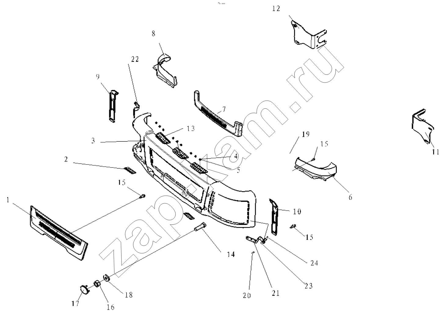 Схема/чертеж: BUMPER AND FRONT BRACKET / Shaanxi Shacman F3000