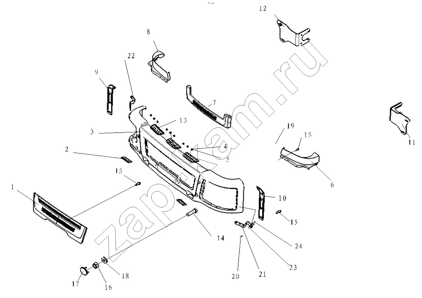 Схема/чертеж: BUMPER AND FRONT BRACKET / Shaanxi Shacman F2000