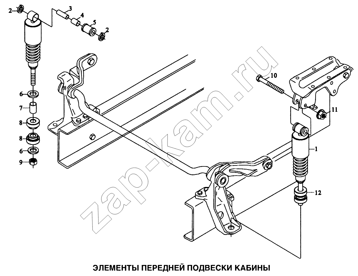 Схема/чертеж: Элементы передней подвески кабины / Shaanxi SX-3255-DR 3804B 6х4