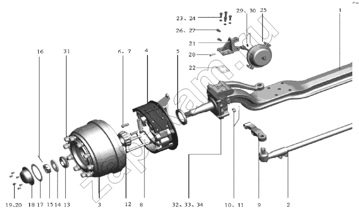 Схема/чертеж: Группа передней оси;Front axle group / Shaanxi Shacman SX1255GP4