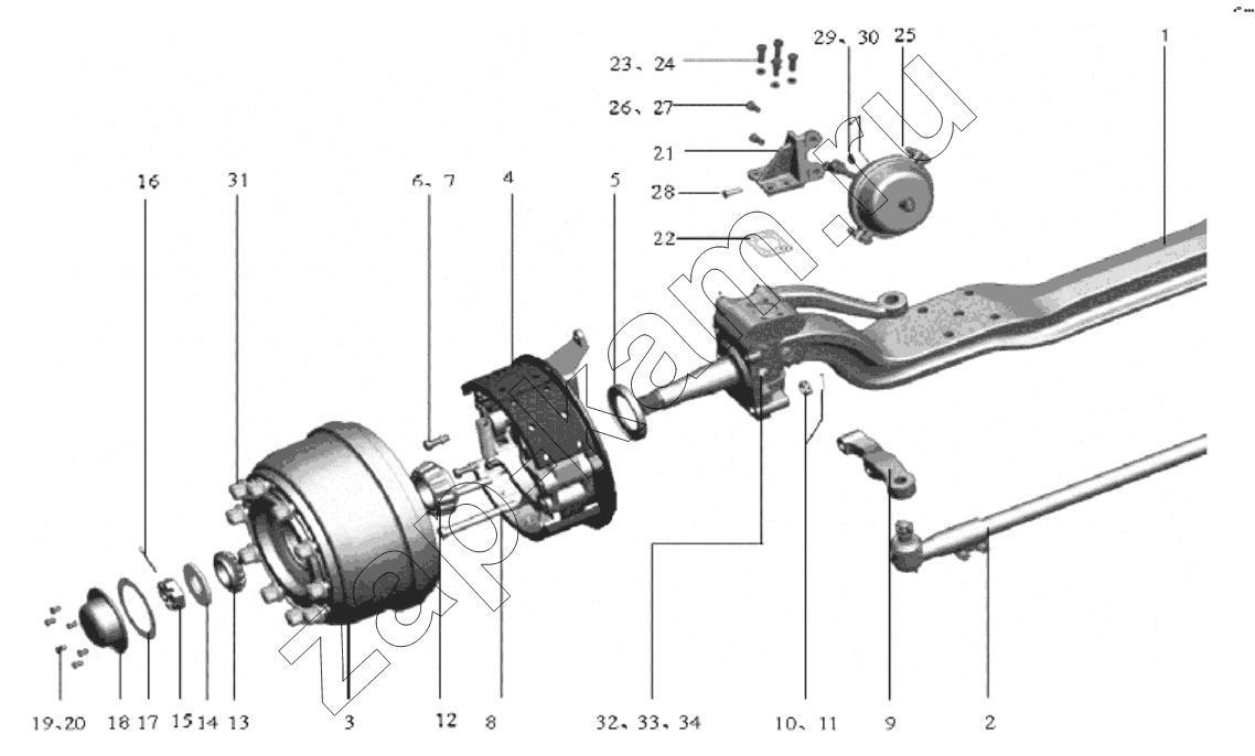 Схема/чертеж: Группа передней оси;Front axle group / Shaanxi Shacman SX1255GP4