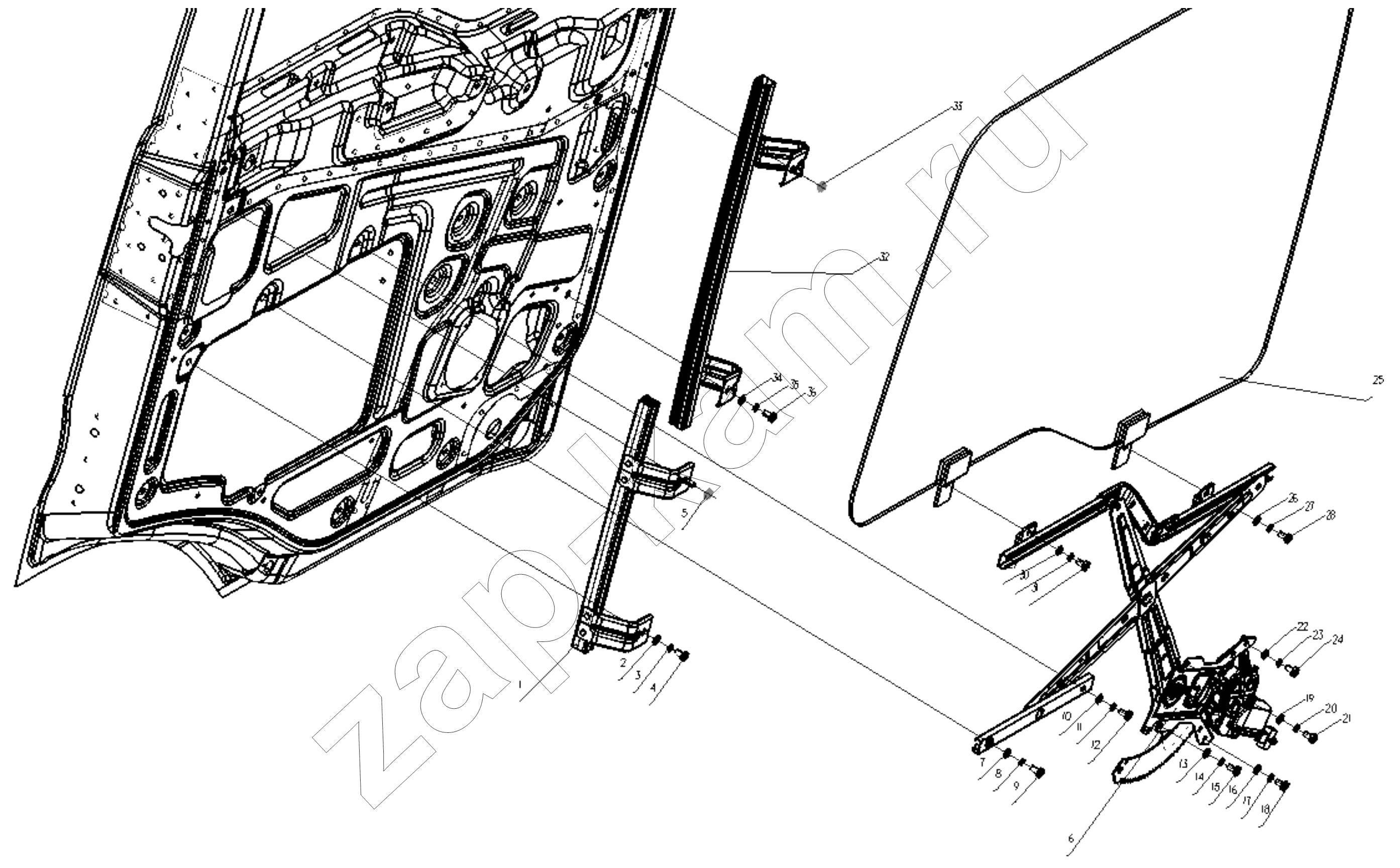 Схема/чертеж: LEFT DOOR WINDOW LIFTER ASSEMBLY / Shaanxi Shacman SX3316HT406C