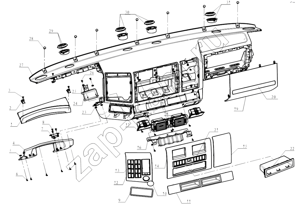 Схема/чертеж: DASHBOARD (10 INTERIOR) / Shaanxi Shacman SX4255DV385