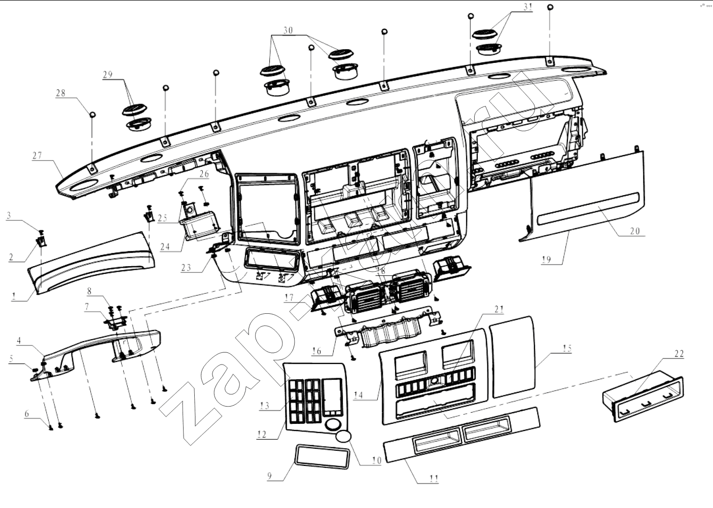 Схема/чертеж: DASHBOARD (10 INTERIOR) / Shaanxi Shacman SX4256NT324
