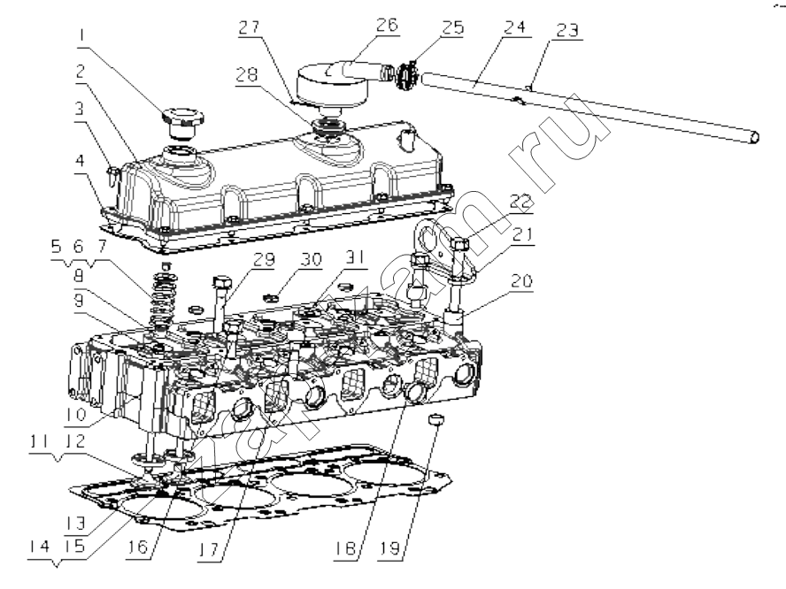 Схема/чертеж: A9L00-1003000/01 Cylinder Head and Cylinder Head Cover Assembly / Yuchai YC4A115Z-T20