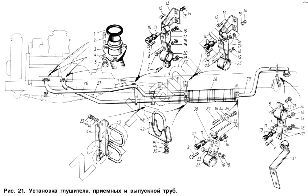 Схема/чертеж: Установка глушителя, приемных и выпускной труб / ЗИЛ-131