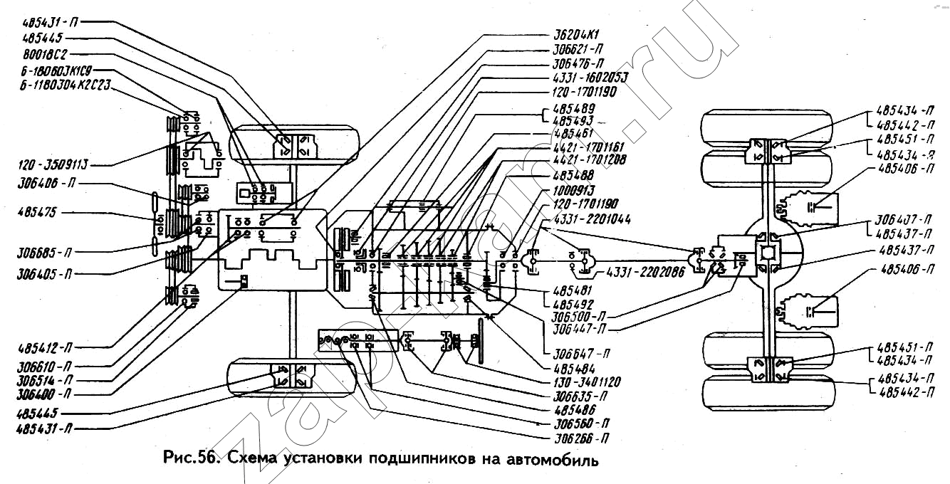 Схема/чертеж: Схема установки подшипников / ЗИЛ-433100
