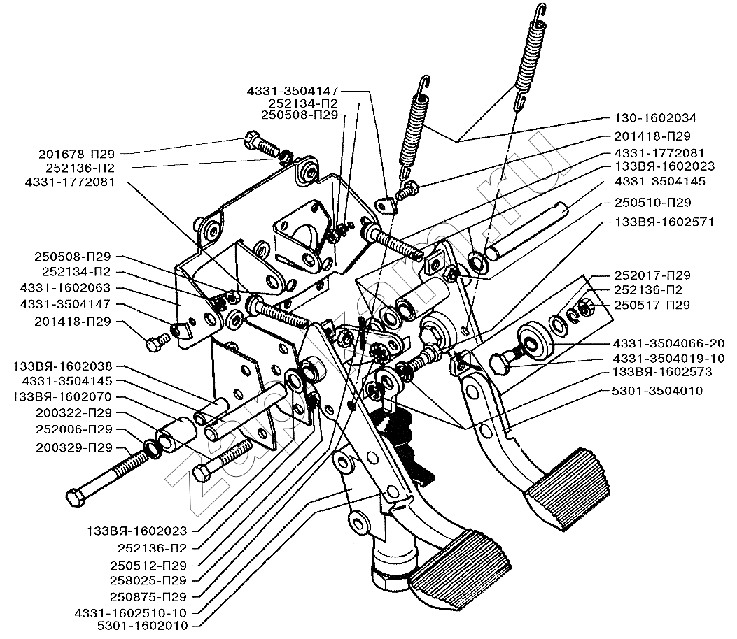 Схема/чертеж: Установка педалей сцепления и тормоза / ЗИЛ-5301 (2006)