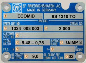Фирменная табличка коробки передач ZF 16S и 9s